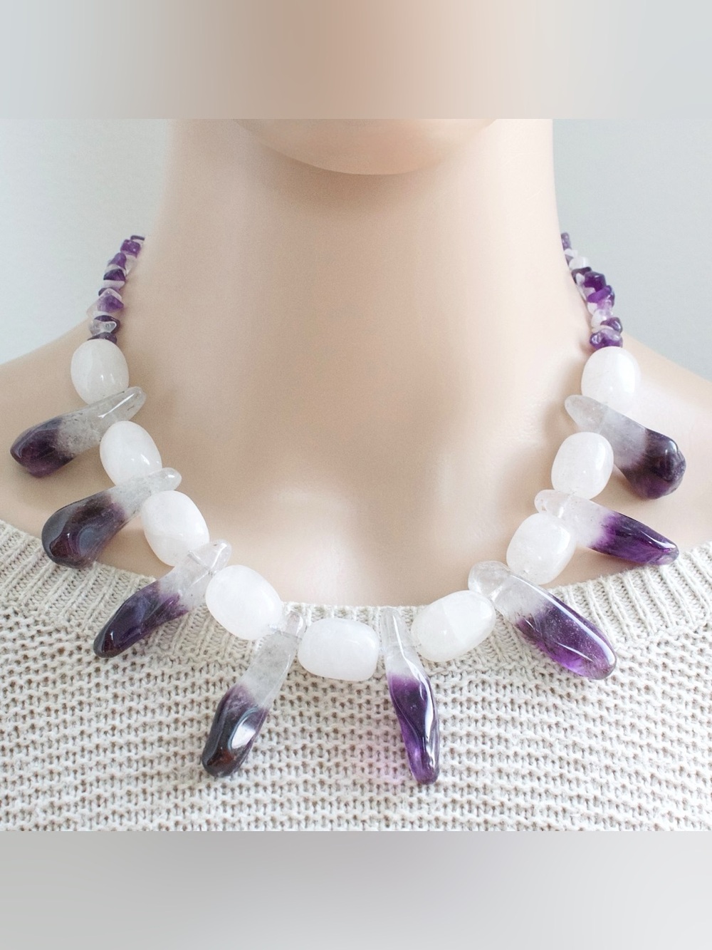 Vintage Bicolor Amethyst Crystal and White Quartz Beaded Statement Necklace